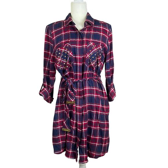 Michael Kors Womens L Red Plaid Studded Roll Tab Belted Shirt Dress Button-Up - Picture 1 of 11